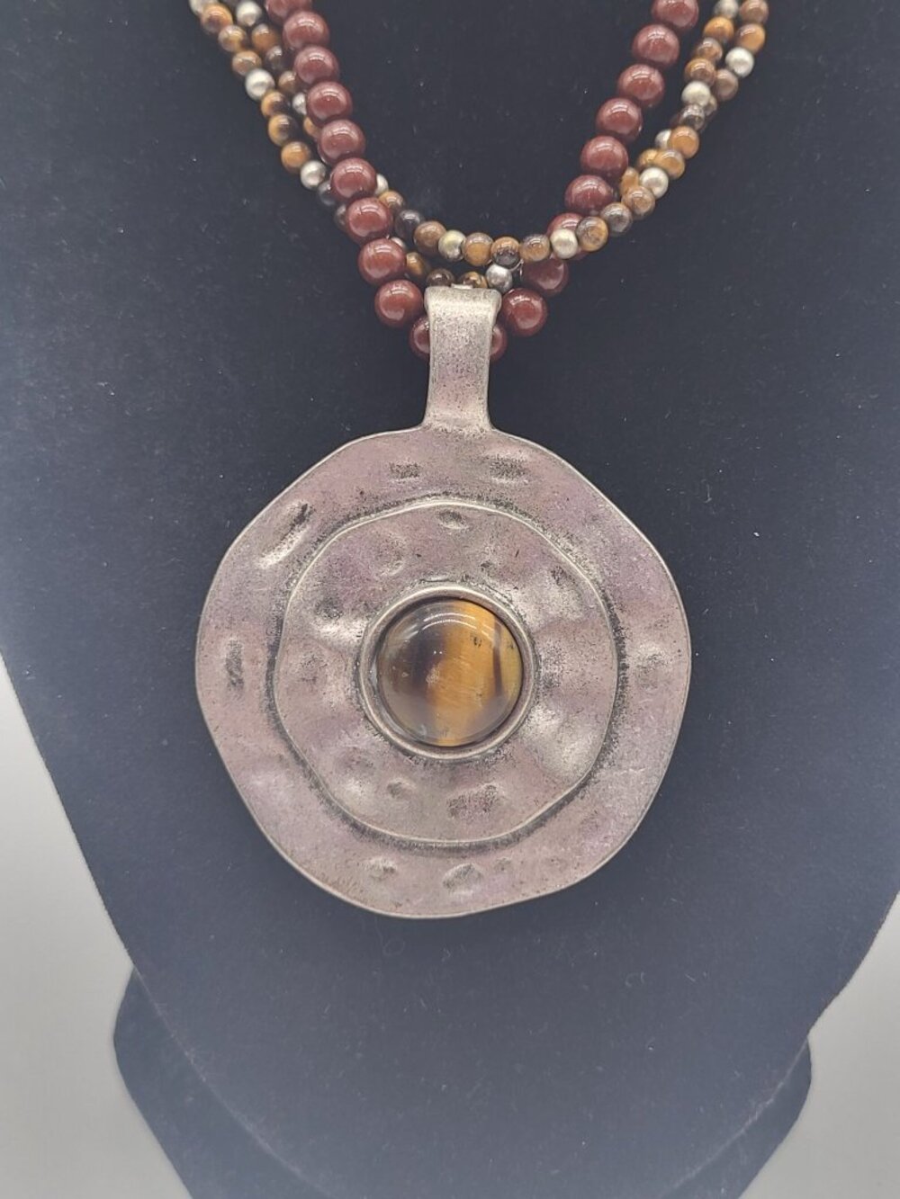 Premier Designs Tiger’s Eye Hammered Medallion Multi-Strand Beaded Necklace boho - Picture 2 of 7